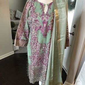 Brand new Sana Safinaaz cotton net suit stitched mint gold pearls women 10